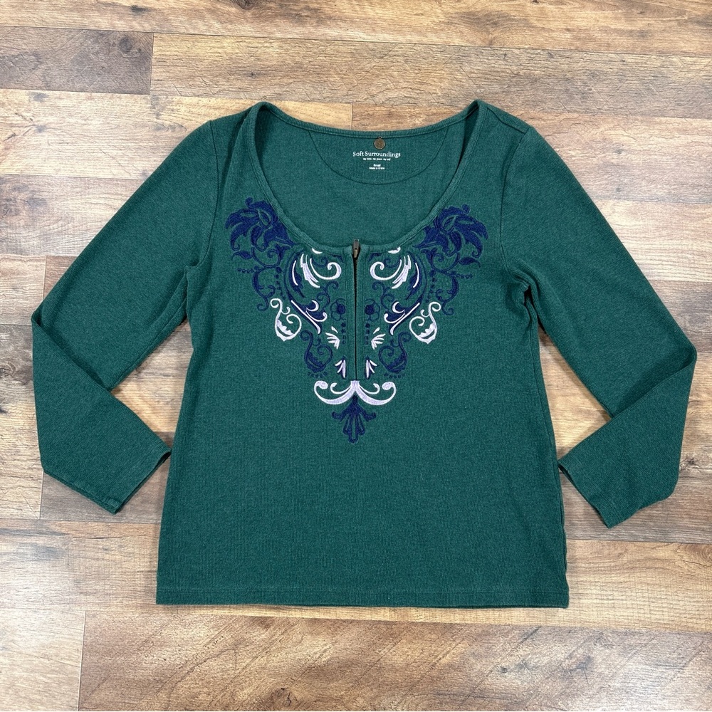 Soft Surroundings Shirt Womens Small Green Embroidered 1/4 Zip Long Sleeve Top